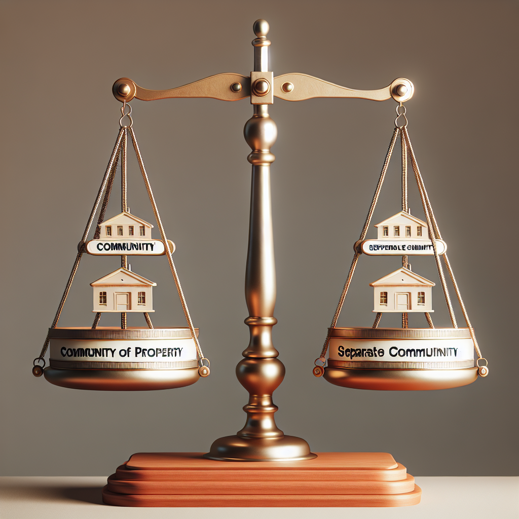 Une balance avec trois sections représentant différents régimes matrimoniaux, montrant les avantages et inconvénients