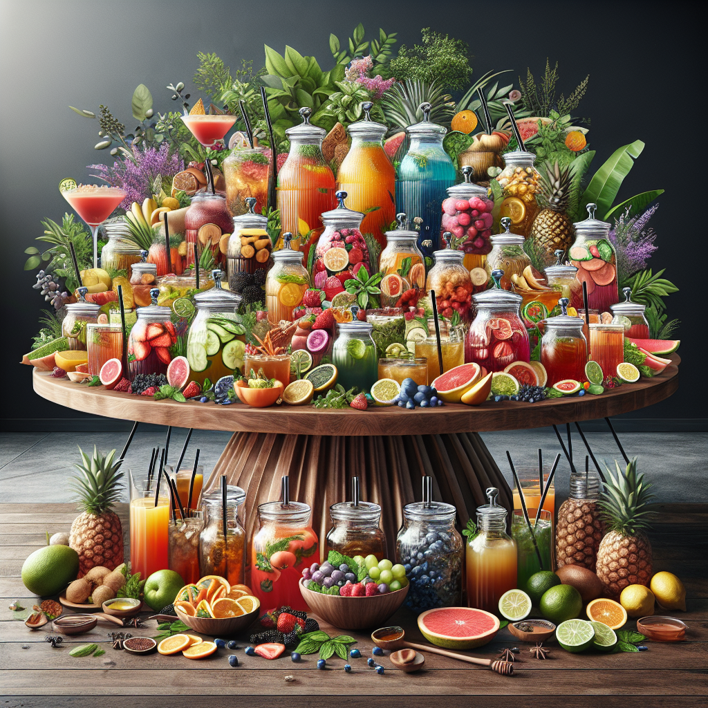 Table joliment dressée avec une variété de boissons maison comprenant des jus de fruits, des thés glacés et des cocktails, accompagnée de fruits frais et d'herbes.