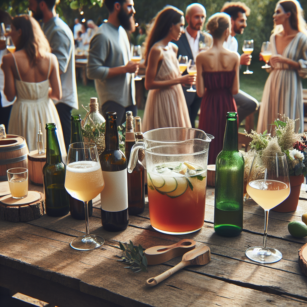 Scène de mariage en plein air avec des bouteilles de vin local, des verres de bière, et un grand pichet de cocktail maison sur une table en bois.