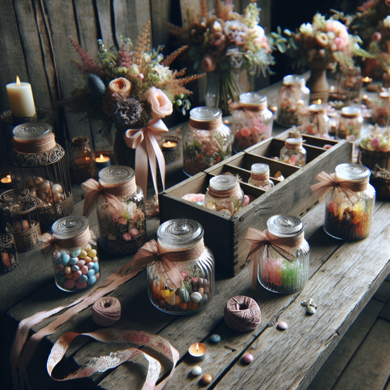 Différentes bonbonnières de mariage sur une table décorée rustique avec des fleurs et des rubans.