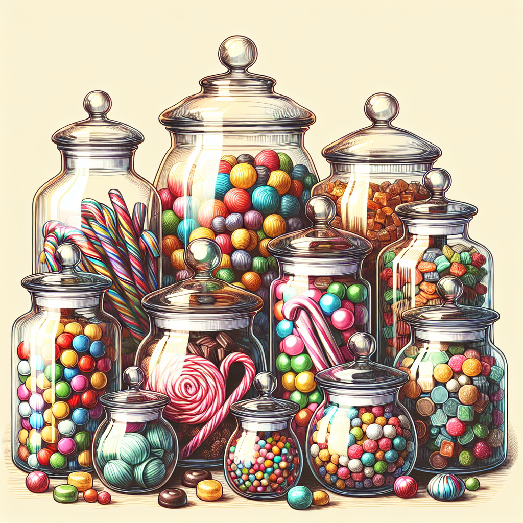 Des bonbonnières réutilisables en verre, remplies de bonbons colorés, utilisées comme objets de décoration élégants.