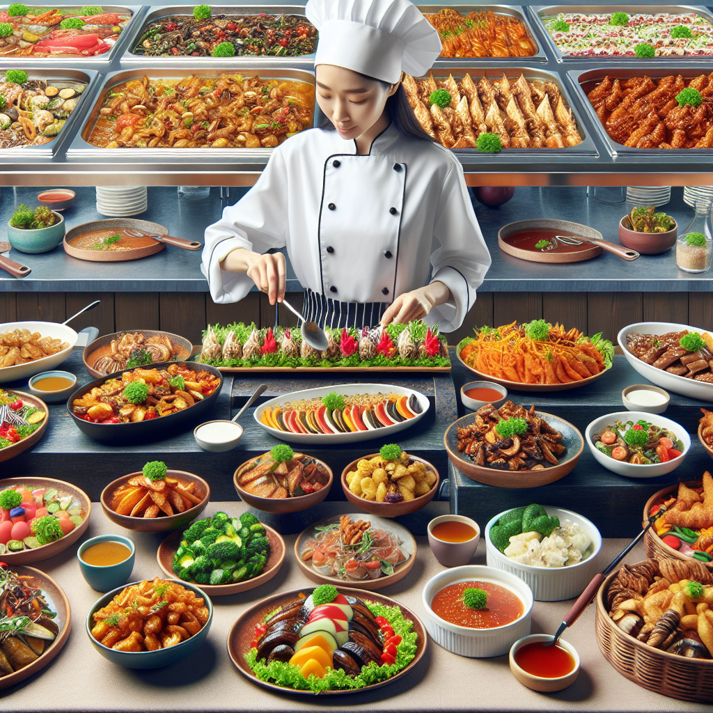 Un buffet diversifié avec une variété de plats incluant des options végétariennes, véganes et sans gluten, avec un chef qui cuisine et arrange attentivement les assiettes.
