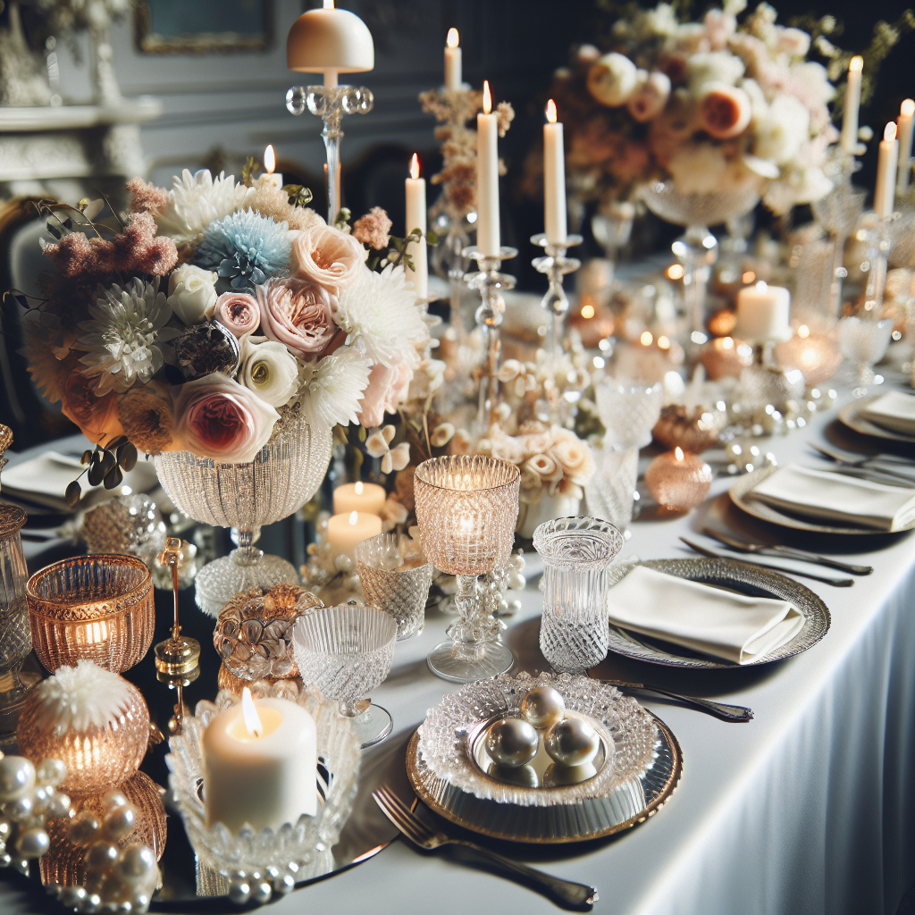 Centres de table sophistiqués avec des compositions florales dans des vases en cristal ou des bougeoirs antiques, décorés avec des bougies, des miroirs et des perles.