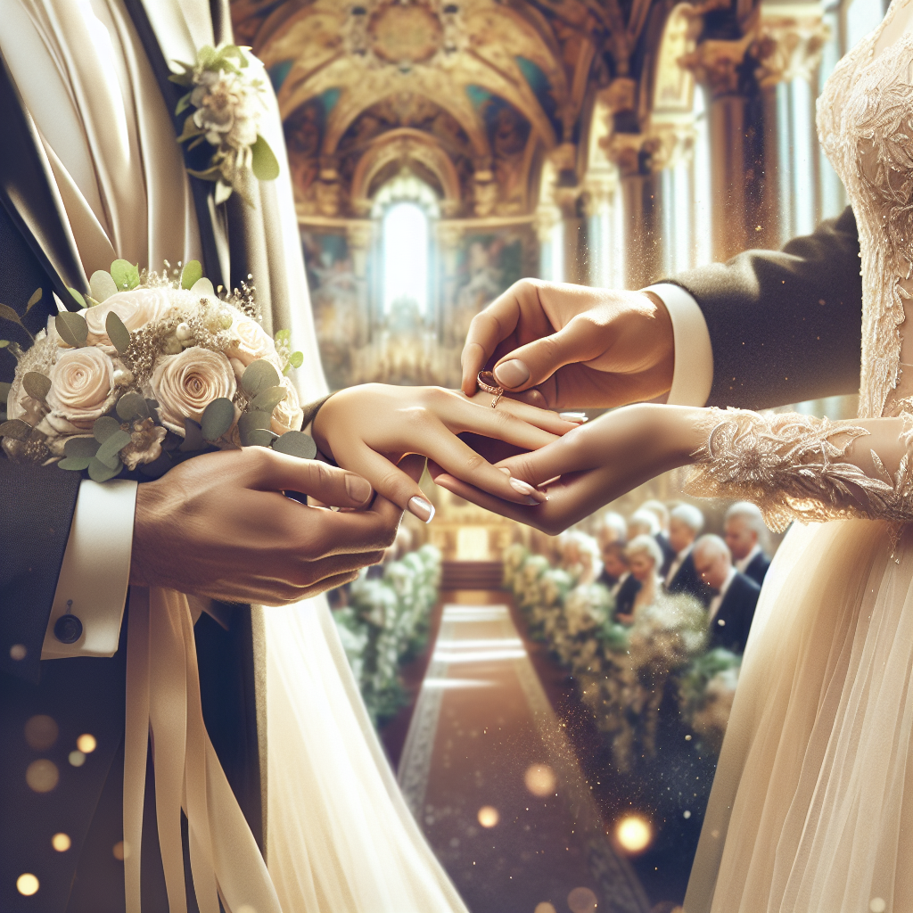 Un couple échangeant des vœux de mariage lors d'une cérémonie, avec une décoration élégante et des objets symboliques comme des alliances et un bouquet.