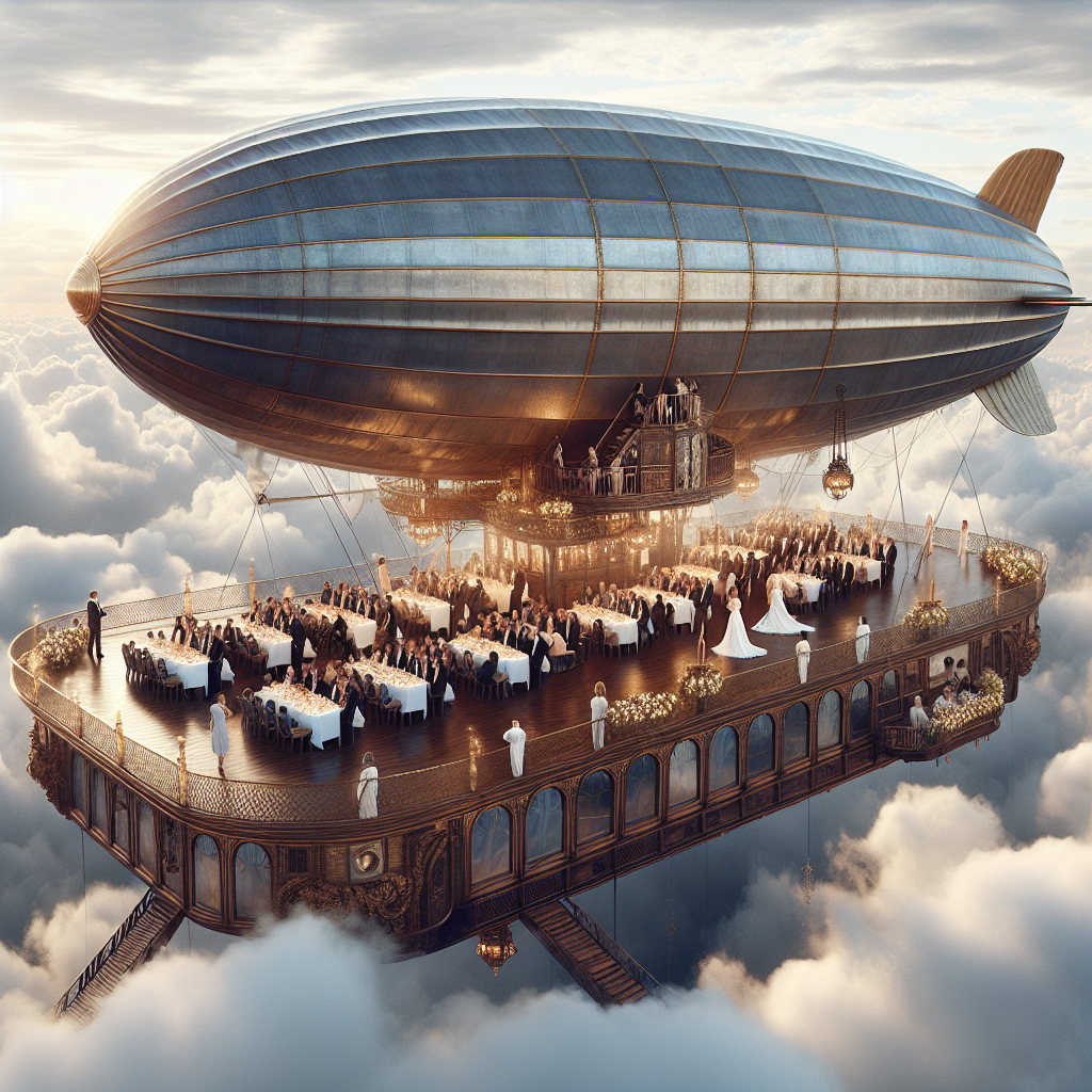 Un dirigeable vintage flottant gracieusement au-dessus des nuages avec une cérémonie de mariage sur son pont. La scène est élégante et paisible, les invités profitant de la vue et de l'expérience unique.