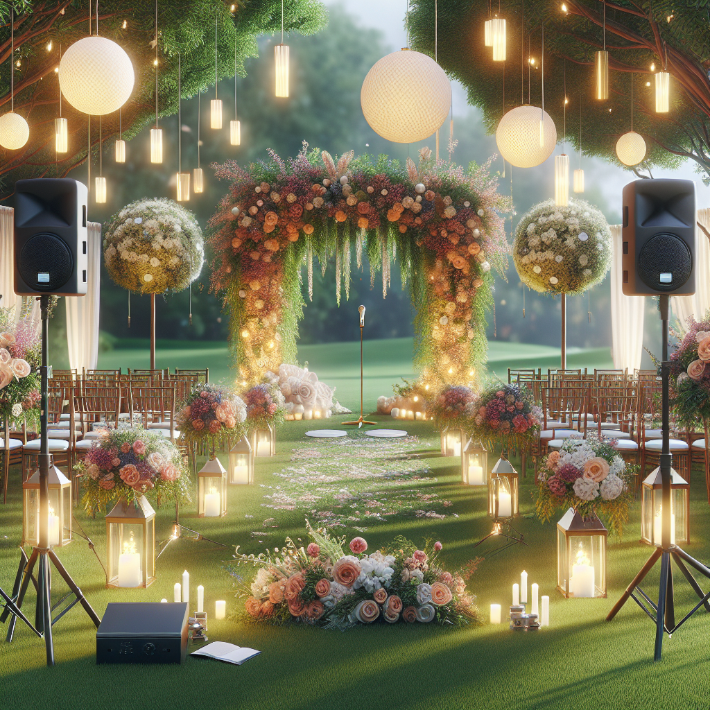 Cérémonie de mariage en extérieur magnifiquement décorée avec des fleurs de saison, des rubans colorés, et des lanternes. Une arche de fleurs est mise en avant. L'équipement audio de haute qualité est visible, ainsi que des chaises confortables pour les invités.