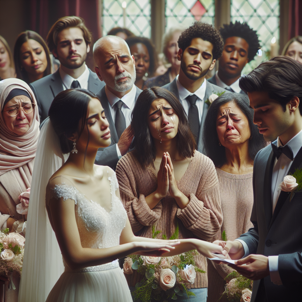 Une cérémonie de mariage avec le couple et les invités montrant des émotions telles que le regard de la mère et les larmes de la meilleure amie.