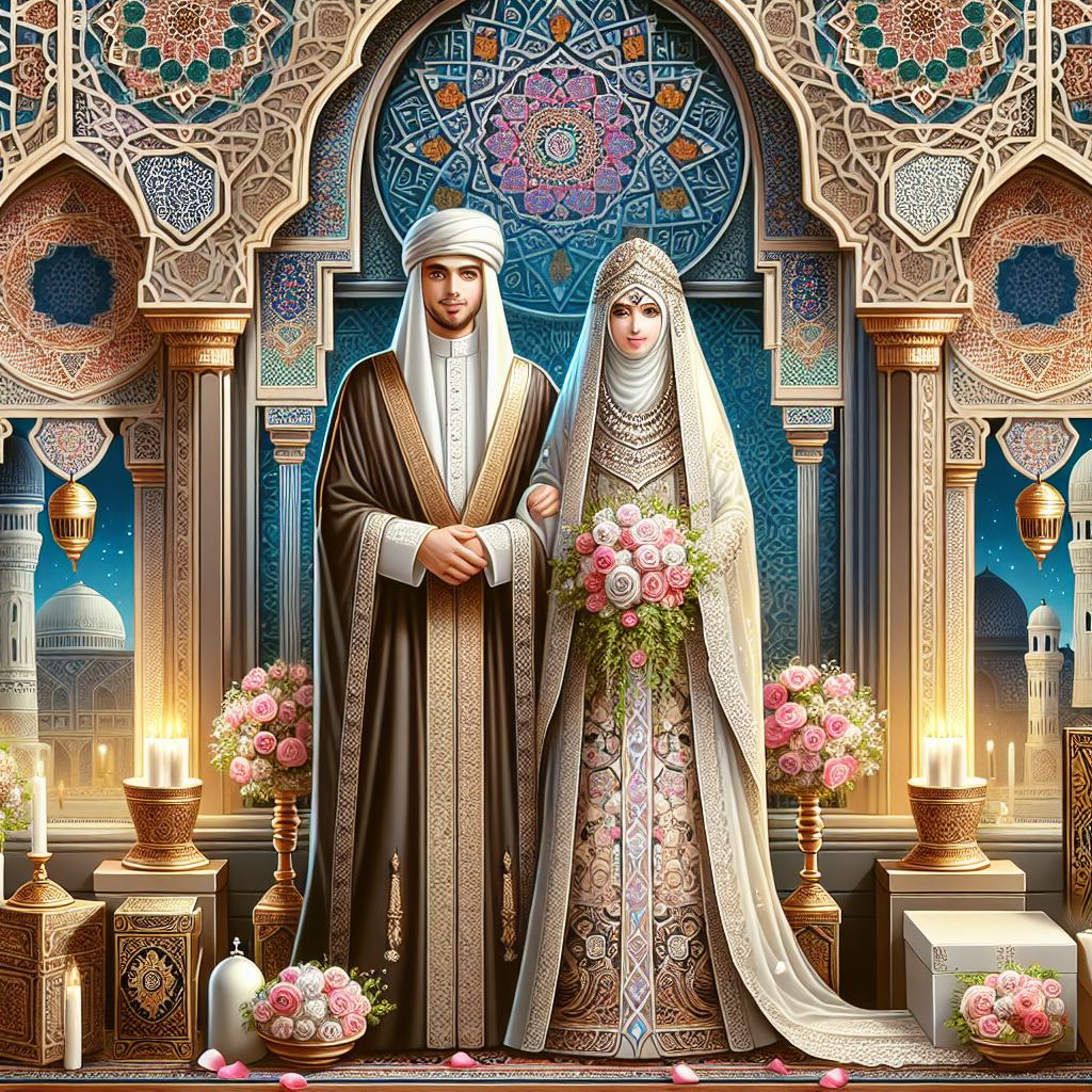Cérémonie religieuse d'un mariage avec un couple habillé en tenue traditionnelle islamique, dans un cadre symbolisant un environnement spirituel.