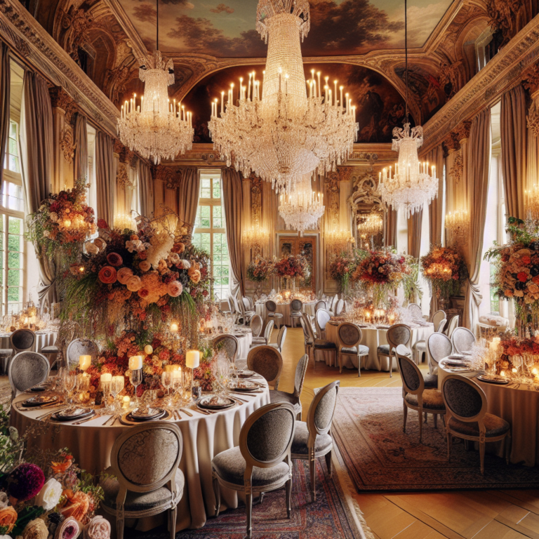 Salle de mariage dans un château de l'Oise décorée avec des chandeliers et des arrangements floraux