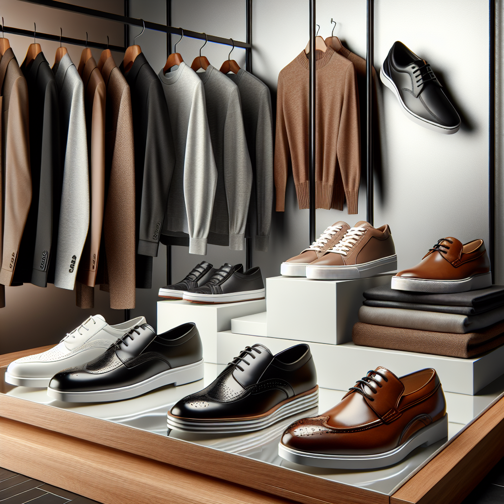 Une sélection de chaussures élégantes, y compris des chaussures noires classiques, des chaussures en cuir marron, des mocassins et des baskets élégantes.