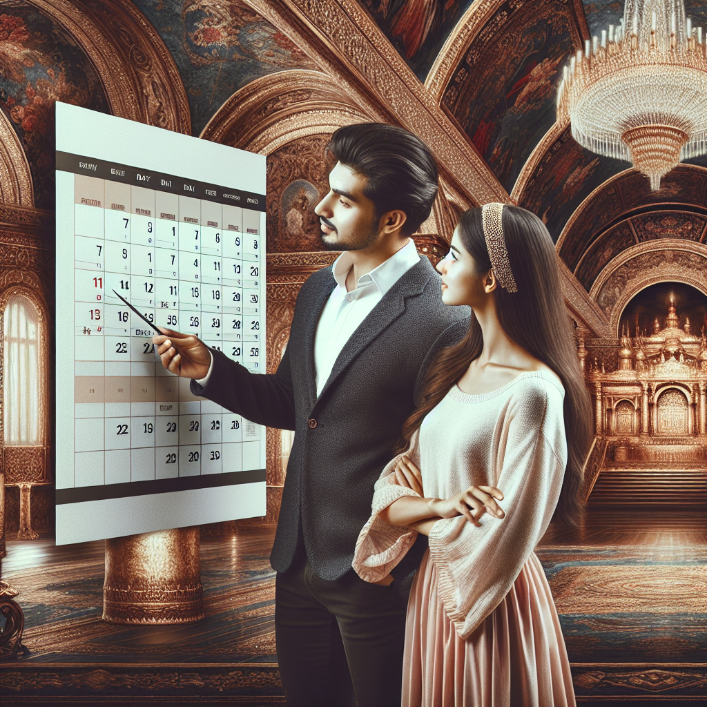 Un couple regardant un calendrier et un lieu magnifique pour un événement, avec des expressions réfléchies.