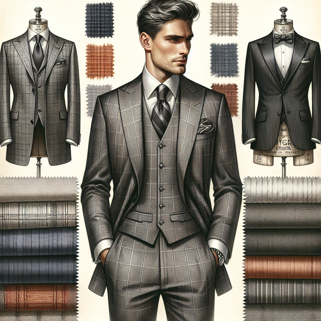 Homme élégant portant divers types de costumes, allant du trois-pièces classique au smoking en passant par des tenues plus décontractées, avec des motifs subtils comme des carreaux ou des rayures. Des échantillons de tissus comme le lin et la laine vierge sont visibles autour de lui.