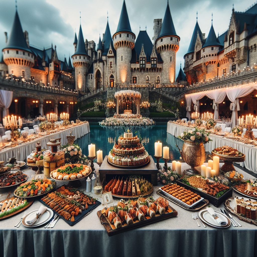 Réception de mariage élégante avec une table joliment arrangée et des plats délicieux dans un cadre de château féerique, sans texte sur l'image