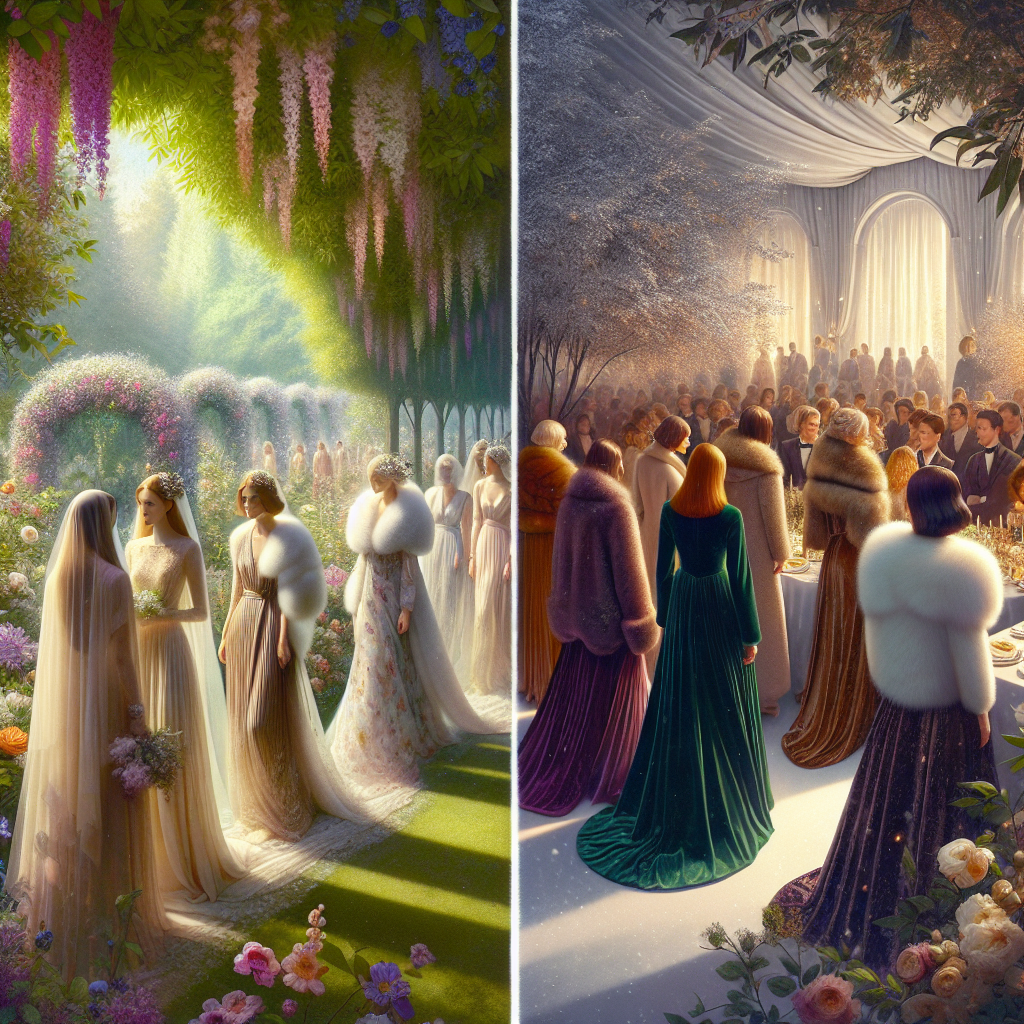 Deux scènes de mariage, une en été avec des robes légères en chiffon et coton dans un jardin ensoleillé, et une en hiver avec des robes en velours et soie épaisse dans un lieu intérieur chaleureux avec accessoires en fausse fourrure.