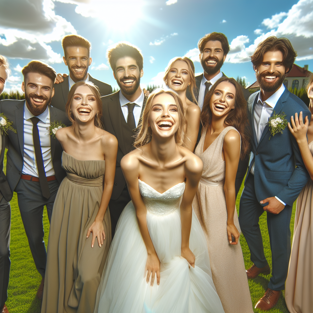 Un groupe de personnes composé des demoiselles d'honneur et des garçons d'honneur, tous souriants et passant un bon moment ensemble le jour du mariage. L'image dégage un sentiment de solidarité et de bonheur partagé.