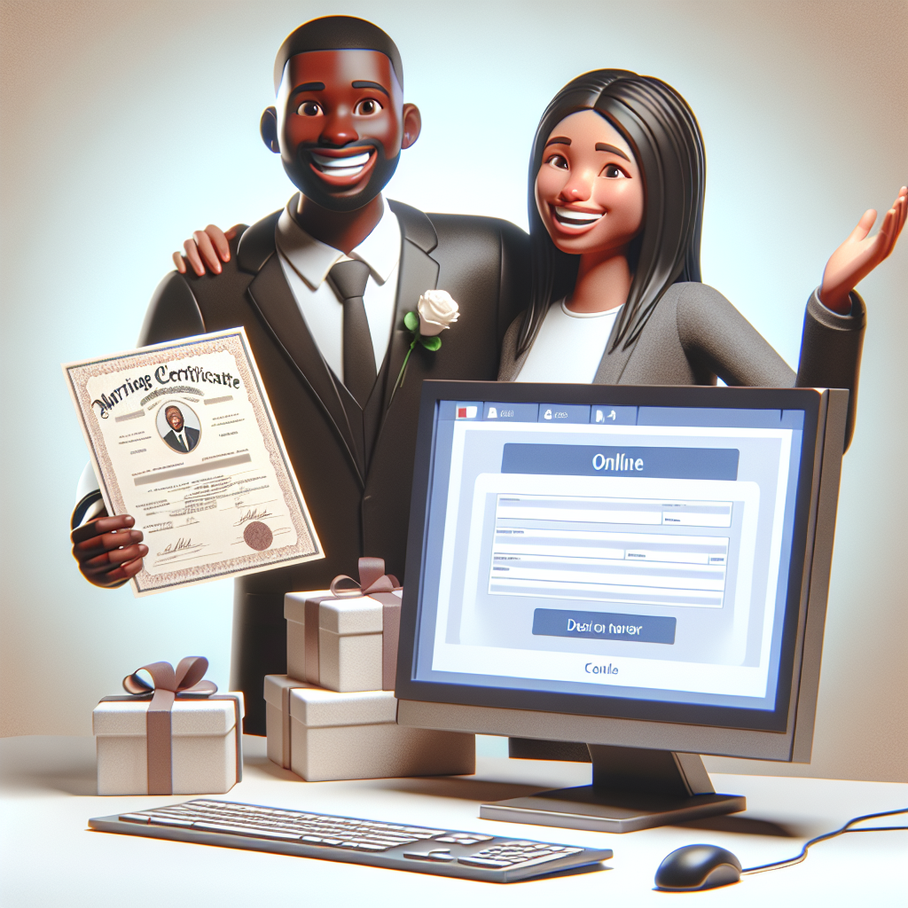 Un couple heureux tenant leur acte de mariage devant un écran d'ordinateur, avec un site web affichant un formulaire en ligne en arrière-plan