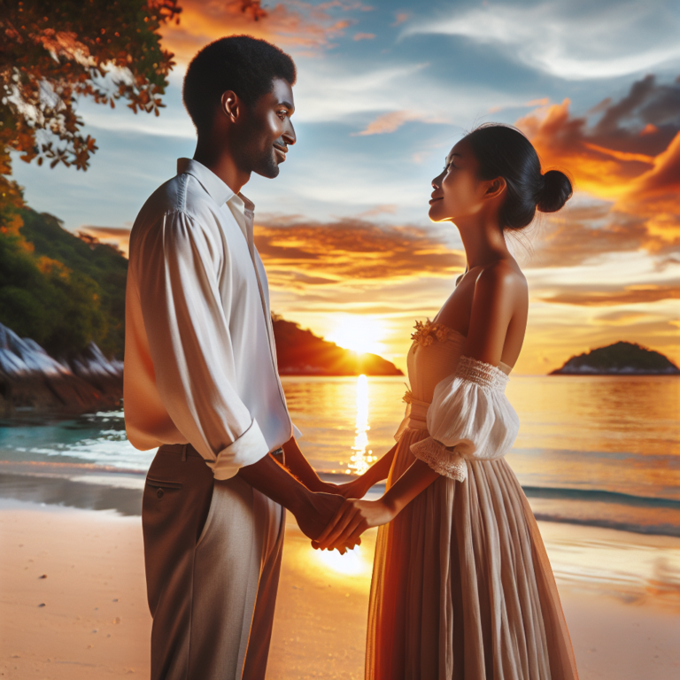 Un couple romantique célébrant leur 20ème anniversaire de mariage sur une plage paradisiaque, se tenant la main au coucher du soleil.