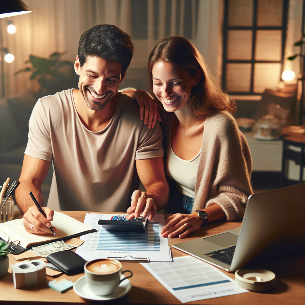 Un couple heureux planifiant leur budget de mariage avec une liste de contrôle et une calculatrice de budget sur une table.