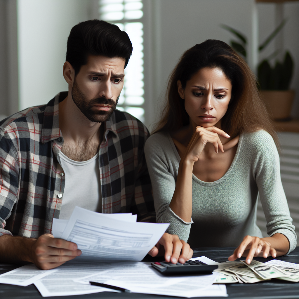 Un couple préoccupé regardant des documents et une calculatrice, indiquant un stress financier. Ils sont assis à une table avec des formulaires fiscaux étalés. En arrière-plan, on voit un cadre de bureau à domicile.