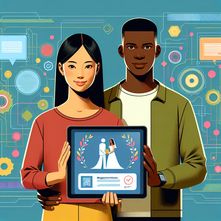 Couple montrant un certificat de mariage virtuel sur une tablette.