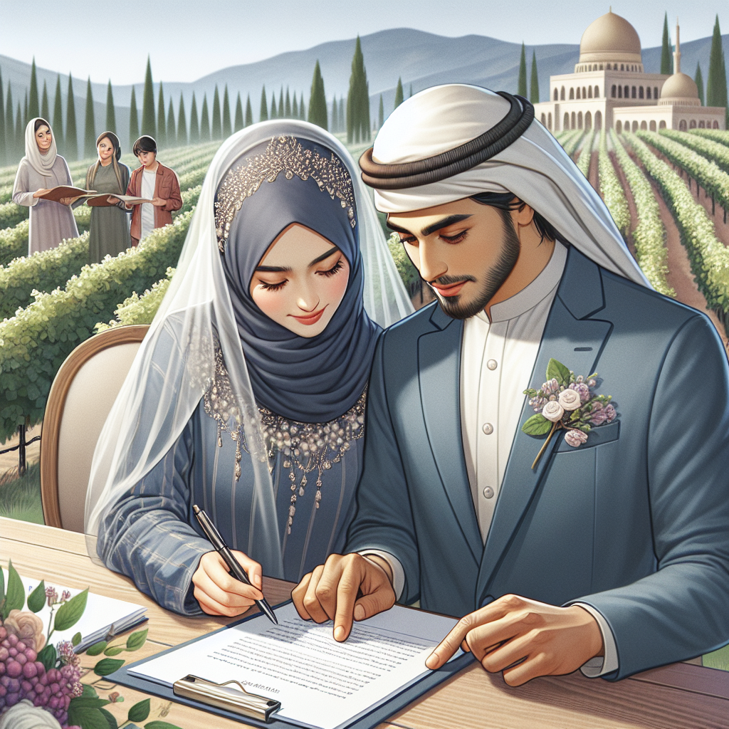 Un couple examine un contrat de mariage dans un domaine viticole élégant, avec des préparatifs de mariage en arrière-plan.
