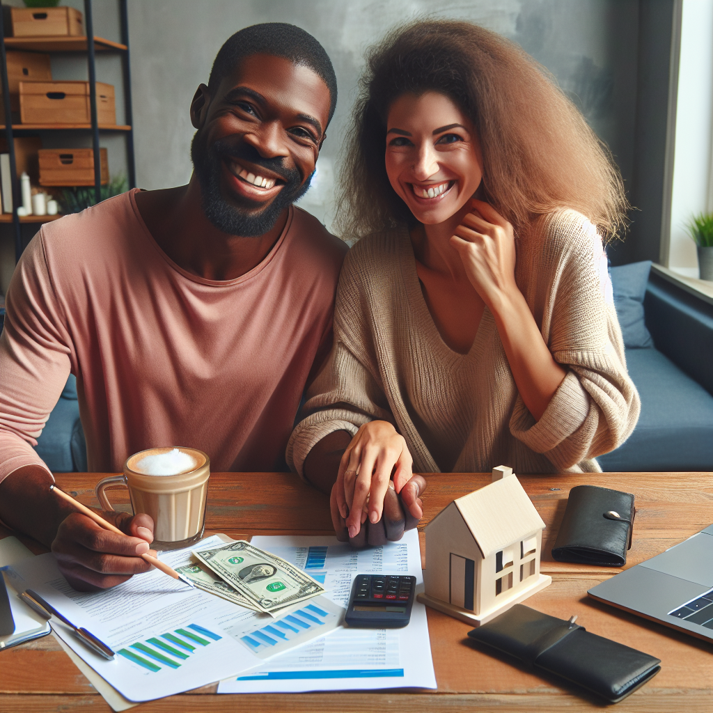Un couple heureux gérant leurs finances ensemble à la maison, avec un mélange d'objets communs et personnels symbolisant des biens communs et individuels.