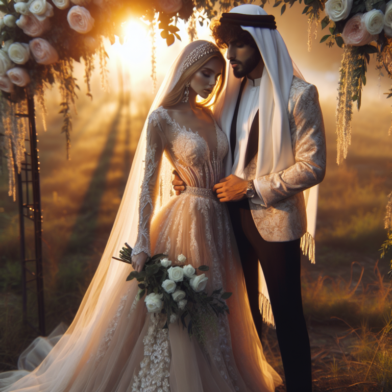 Mariage romantique en extérieur avec un couple sous une arche fleurie