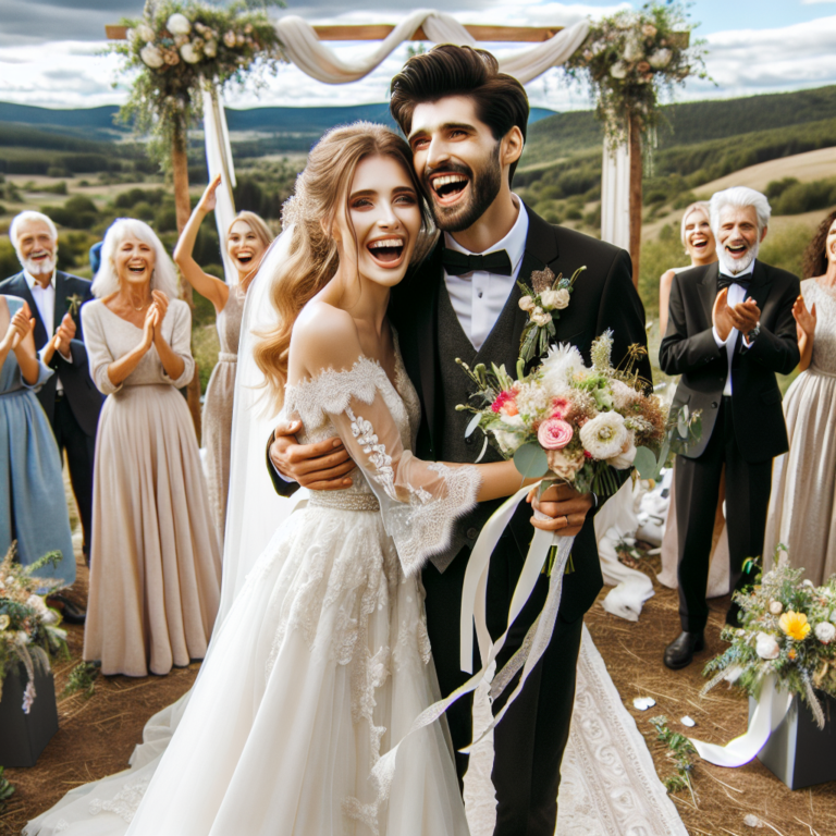 Un couple heureux le jour de leur mariage sous une arche décorée, entouré de nature, de famille et d'amis