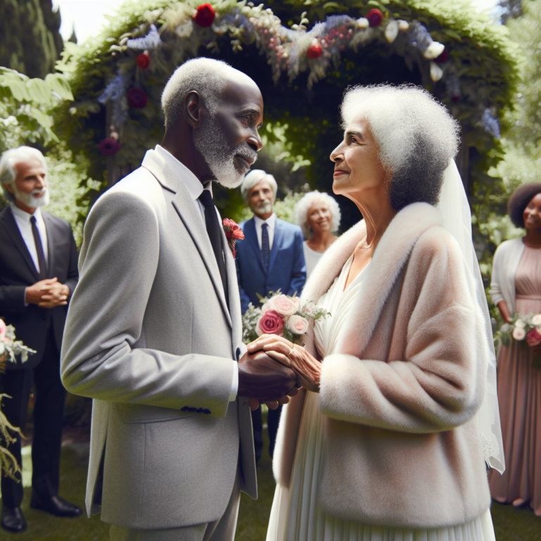 Un couple aimant, dans la soixantaine, renouvelant leurs vœux de mariage dans un beau jardin, entourés de famille et d'amis, se regardant avec une profonde affection.