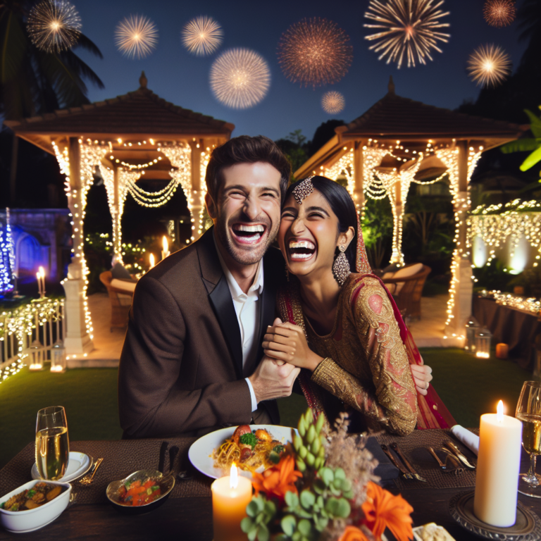 Un couple heureux riant ensemble pendant leur célébration d'anniversaire de mariage