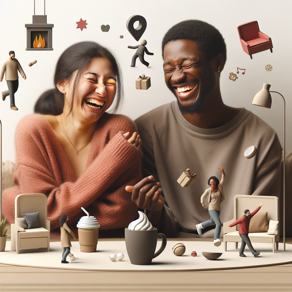 Un couple riant ensemble, entouré de symboles représentant des citations personnelles et des moments drôles.