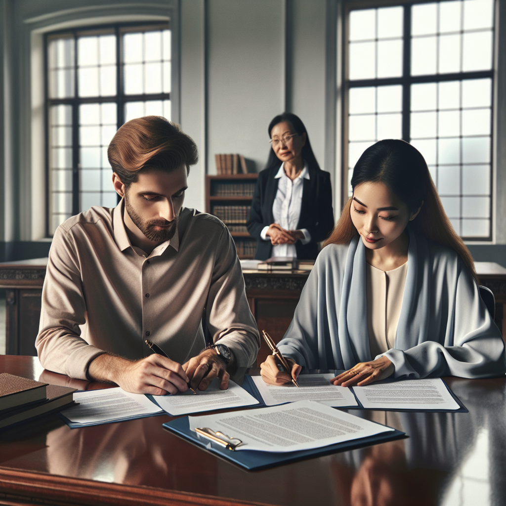 Un couple signant des documents dans un bureau bien éclairé, supervisé par une personne officielle.