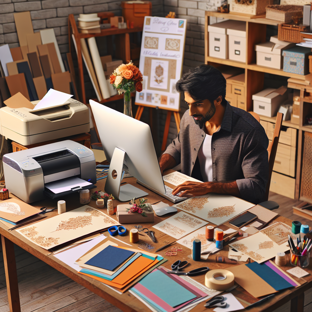 Une personne travaillant sur un ordinateur pour concevoir des invitations de mariage, avec une imprimante et des invitations imprimées sur un bureau.