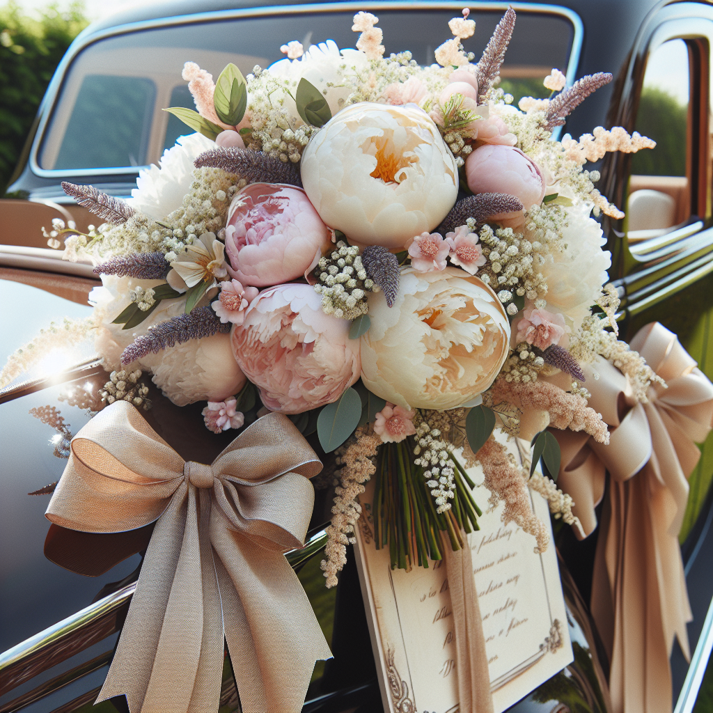 Bouquet de pivoines sur le capot d'une voiture avec gypsophiles, rétroviseurs ornés de nœuds en toile de jute et branches de lavande, et panneau en bois à l'arrière.