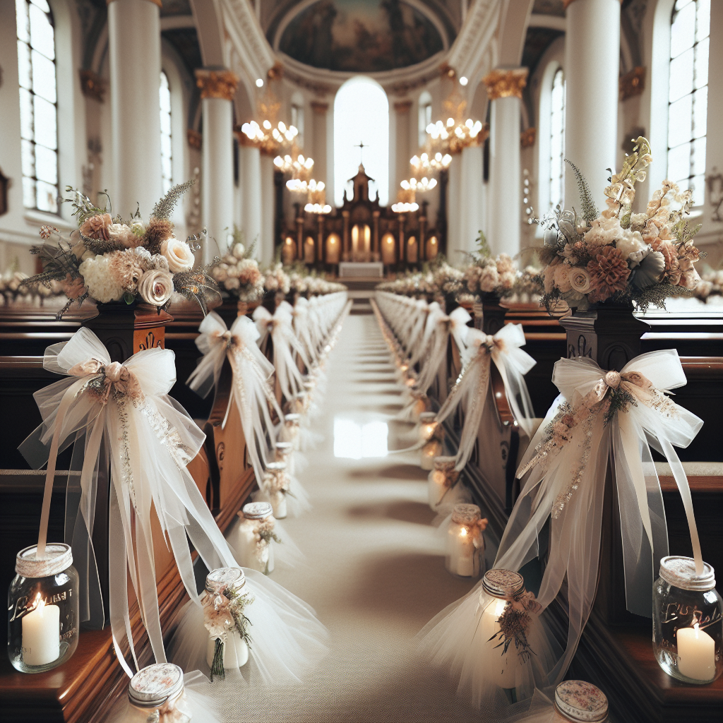 Décorations de bancs d'église avec des rubans et du tulle, et des petits bouquets suspendus.
