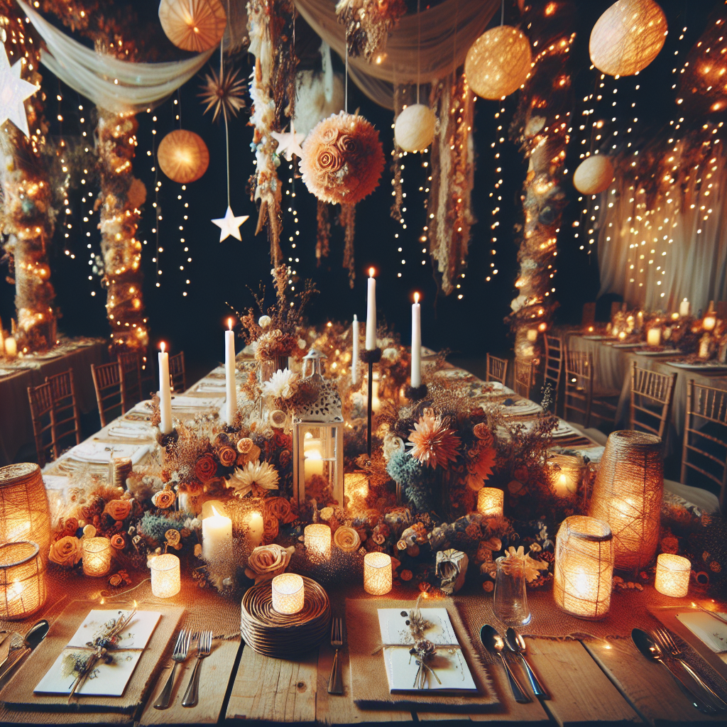 Une scène de décoration de mariage DIY charmante avec des objets en papier, des fleurs séchées, des éléments recyclés, des guirlandes lumineuses et des bougies. L'ambiance est magique et économique grâce à des matériaux faits maison et abordables.