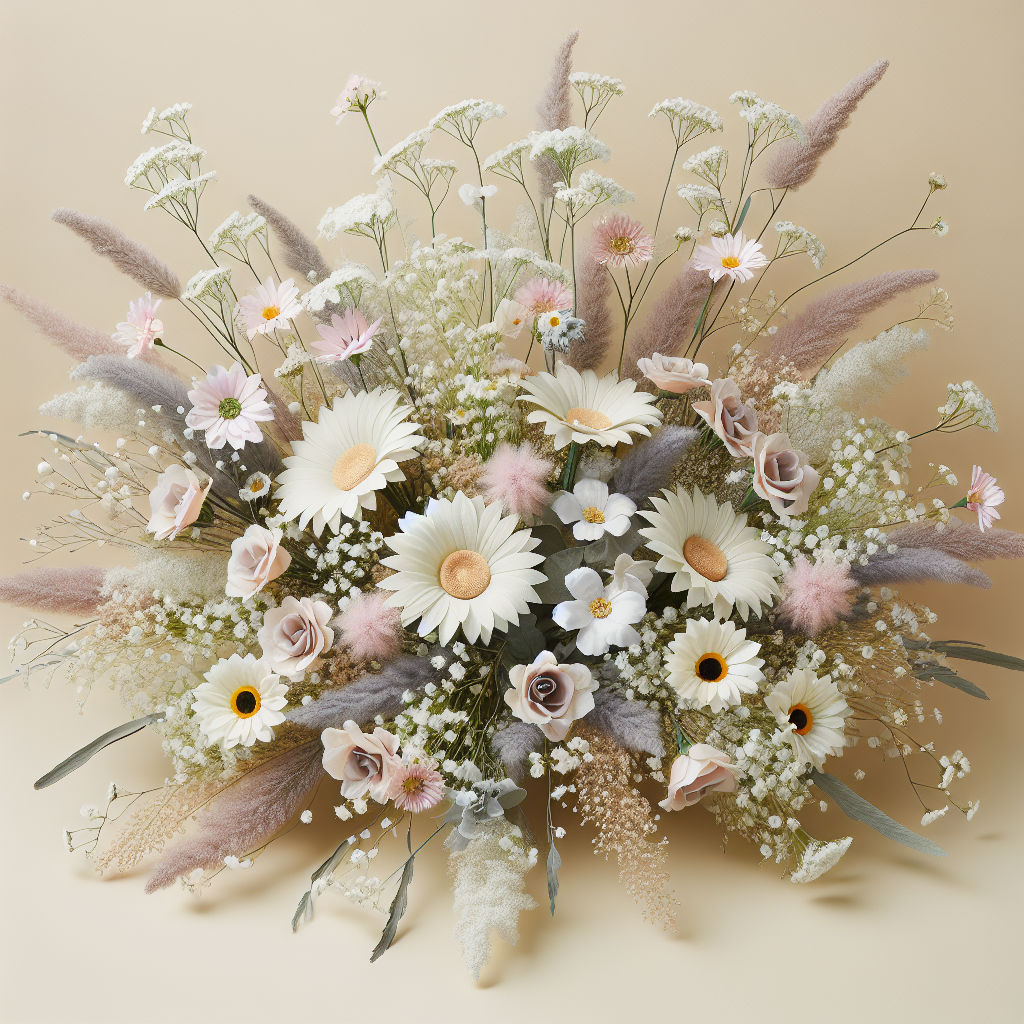 Une décoration florale de mariage utilisant des fleurs de saison comme le gypsophile et les marguerites, avec des fleurs artificielles élégamment intégrées.