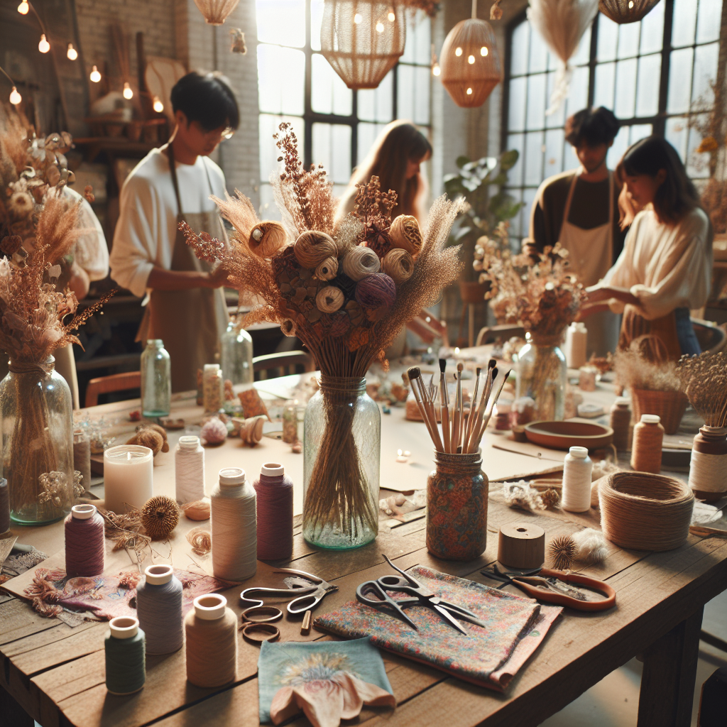 Décoration de mariage bohème abordable comprenant des bouquets de fleurs séchées, des bocaux en verre peints utilisés comme vases, et des nappes faites main en tissu recyclé, avec des amis et de la famille aidant dans un atelier.