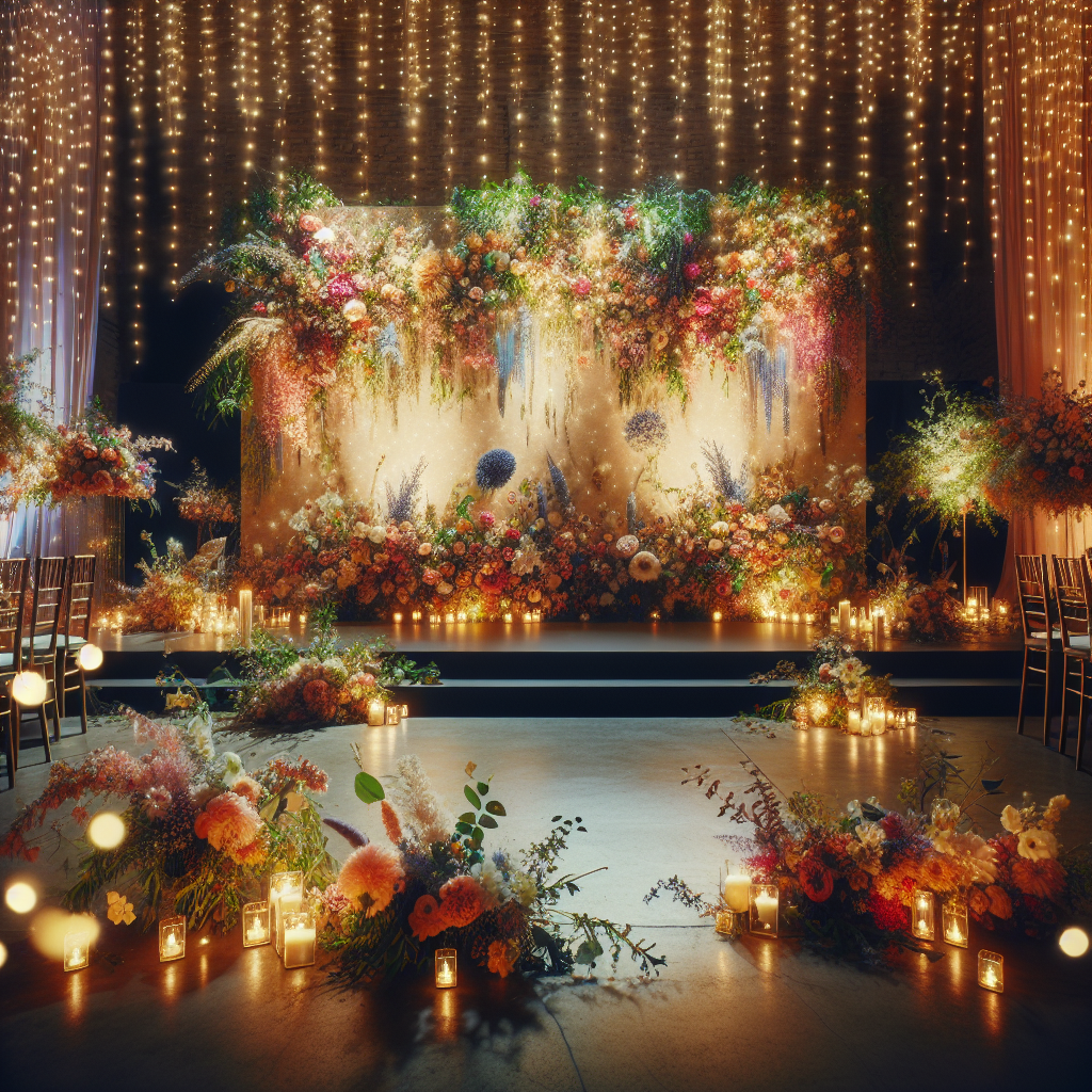 Une décoration de mariage spectaculaire avec des lumières féériques et un mur de fleurs géant, créant une ambiance bohème chic.