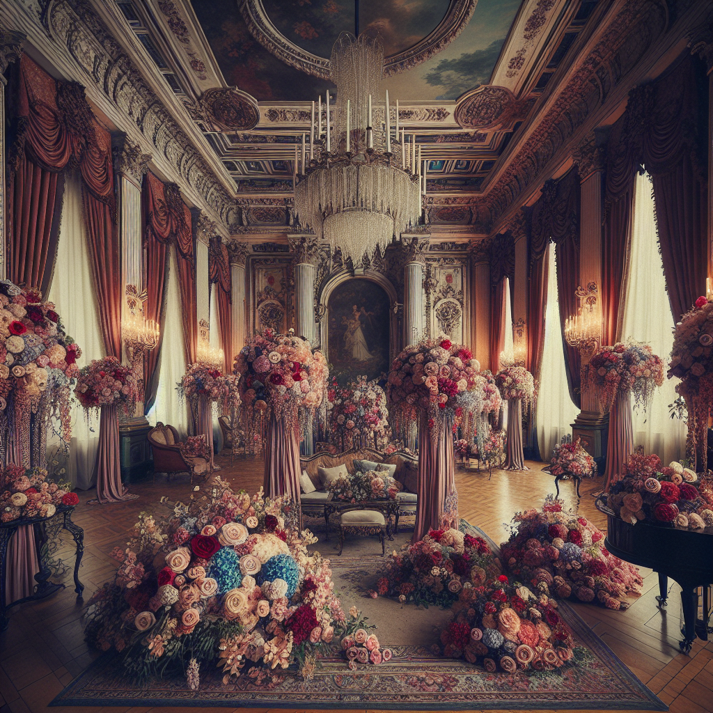 Décoration florale de mariage dans un château avec des roses, pivoines et hortensias arrangées avec élégance.