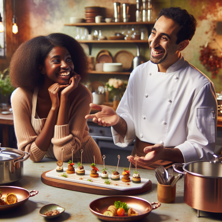 Un couple heureux dégustant des échantillons de nourriture lors d'une session de traiteur de mariage avec un chef dans une cuisine d'essai joliment aménagée.