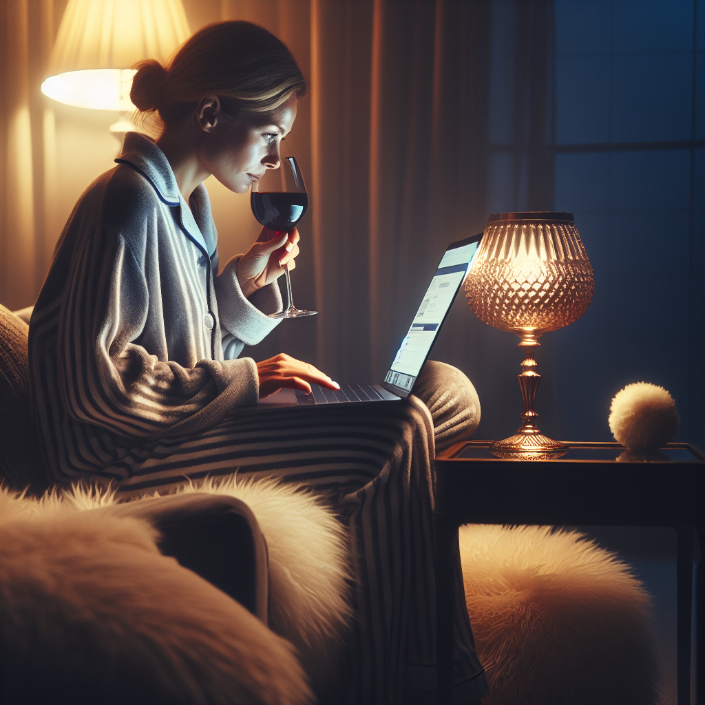 Personne en pyjama utilisant un ordinateur portable pour demander un acte de mariage en ligne avec un verre de vin à côté.