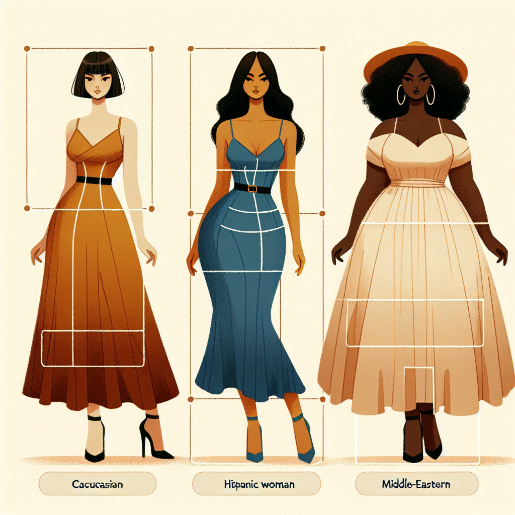 Femmes portant des robes mettant en valeur différentes morphologies, incluant une robe ligne empire pour hanches larges, une robe ceinturée pour une silhouette rectangulaire et une jupe évasée pour épaules larges.