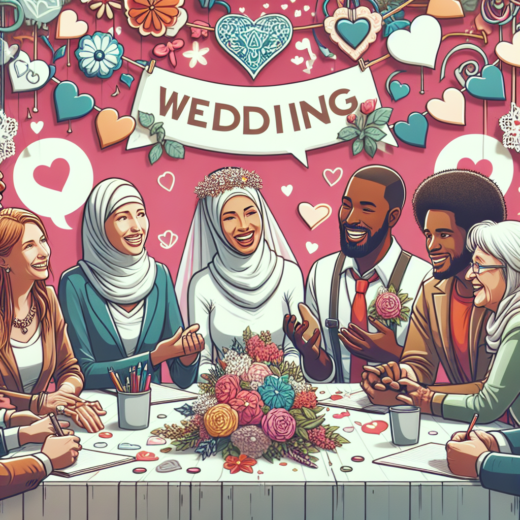 Un groupe joyeux de personnes engageant une discussion sur un forum, partageant des conseils et expériences de mariage avec des décorations thématiques de mariage en arrière-plan.