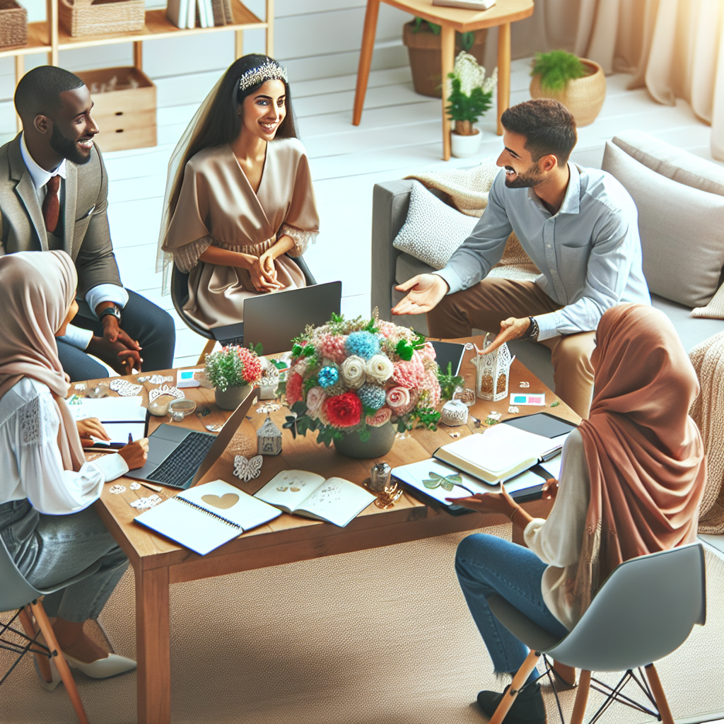Un groupe de personnes discutant de la planification de mariage dans une ambiance chaleureuse avec des éléments de décoration de mariage