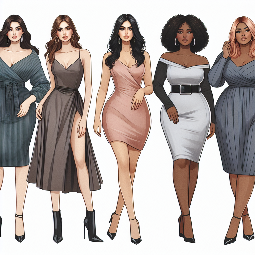 Un groupe diversifié de femmes de différentes tailles et morphologies, portant des robes tendance qui mettent en valeur leur beauté individuelle. Les tailles vont de XS à 4XL.