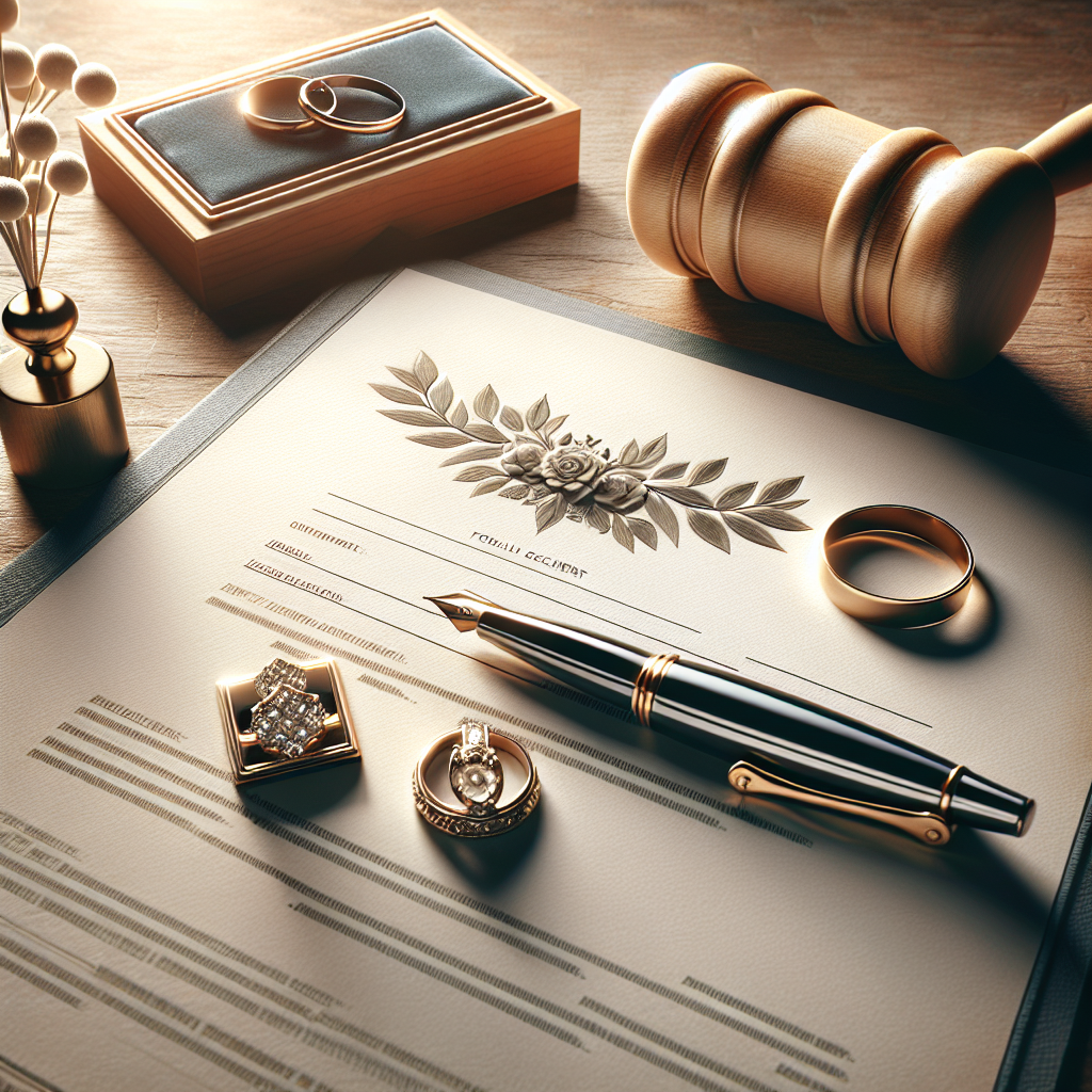Document formel avec des éléments légaux et administratifs, des alliances de mariage, un stylo et un tampon de notaire.