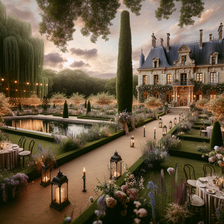 Un domaine français magnifique avec hébergement pour un mariage, incluant des jardins luxuriants, une architecture élégante et une décoration romantique.
