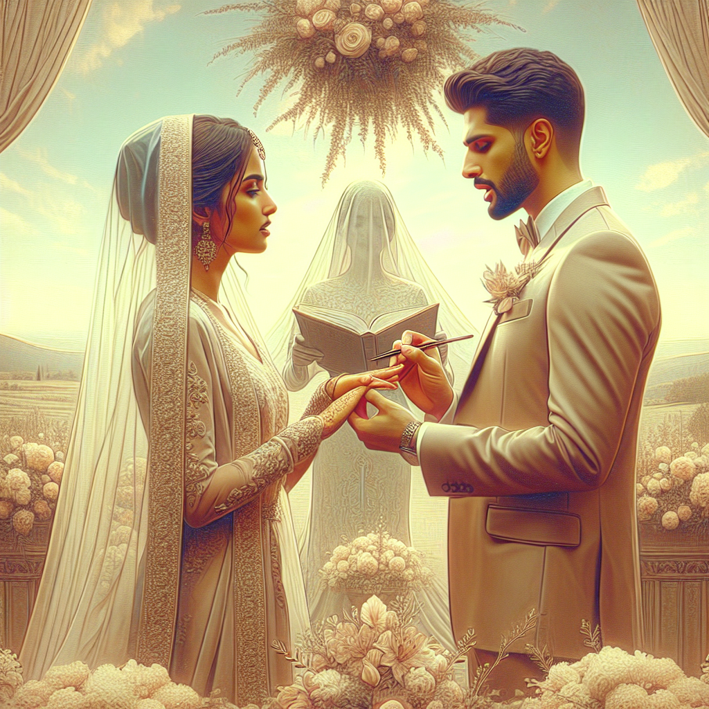 Un couple de mariés échangent leurs vœux de mariage dans un cadre romantique avec des fleurs et une vue pittoresque en arrière-plan, reflétant un moment rempli d'émotion et d'amour.