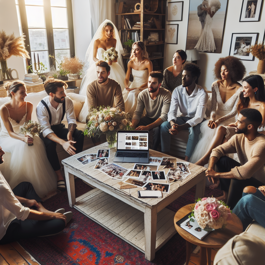 Des jeunes mariés discutant de leurs expériences dans un salon chaleureux, avec des photos de mariage et des matériaux de planification sur la table.
